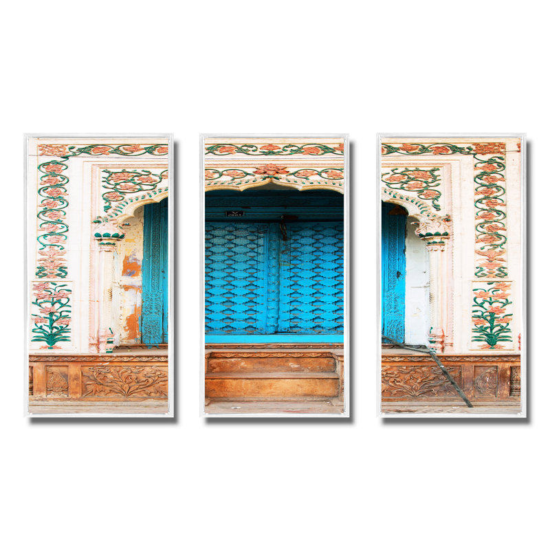 Porte bleue indienne traditionnelle - ensemble d'art mural sur toile rétro encadré de 3, H 20 po x l 36 po x P 1 po, Blanc