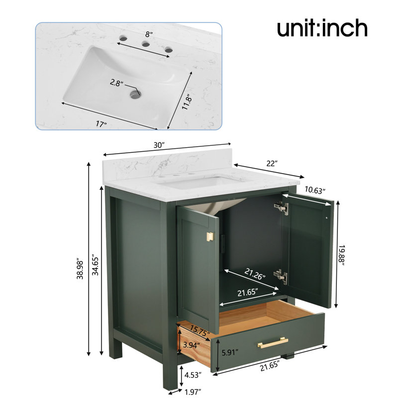 30-inch Bathroom Vanity With Engineered Stone Top, Green