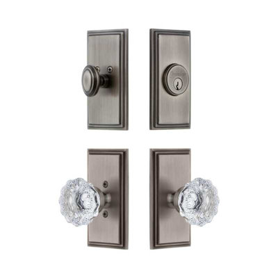 Grandeur Carre Short Plate Entry Set with Fontainebleau Crystal Knob in Antique Pewter