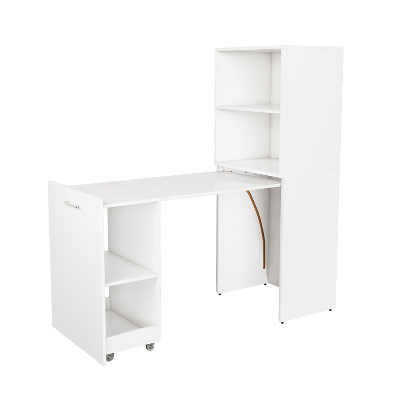 Bureau à hauteur réglable avec tablettes de rangement et roulettes, Blanc