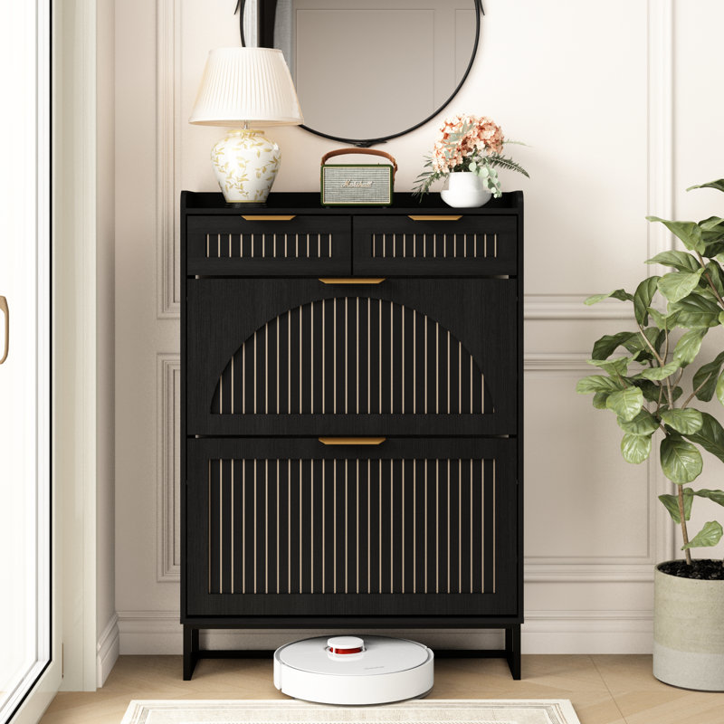 16 Pair Shoe Storage Cabinet with 2 Flip Drawers & 2 Storage Drawers Arched Fluted Design, Black