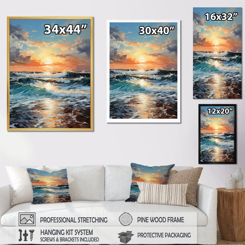 «Beach Sunrise Tranquil Horizons II», reproduction sur toile, H 20 po x l 12 po x P 1 po, Cadre simple blanc