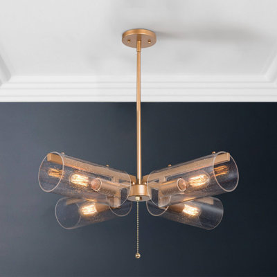 4-Light Sputnik Modern Linear Chandelier With Cylinder Seeded Glass