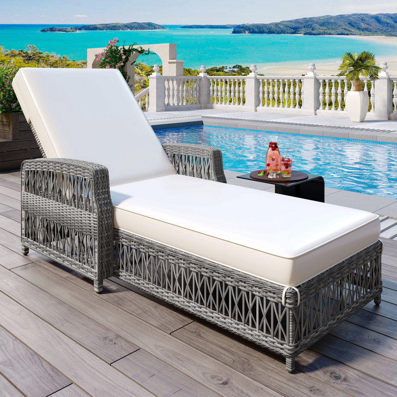 Outdoor Long Reclining Chaise, Wicker Lounge With Armrests, Patio Adjustable Recliner With Soft Removable Cushions, All Weather Rattan Pool Lounge For Poolside & Garden