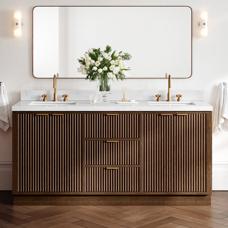 Haun 72'' Solid Wood Double Bathroom Vanity with 1.5'' Carrara Quartz Top, Oval, Brown Oak