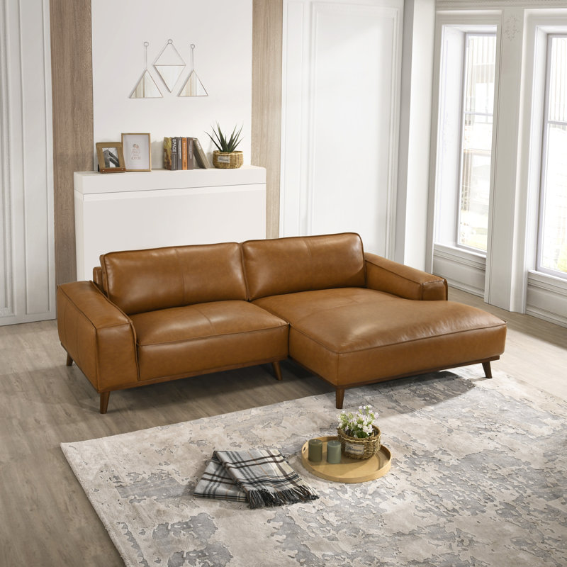 Canapé modulaire en forme de L avec méridienne 99 po Blayke, Cuir véritable brun clair, Face à la droite