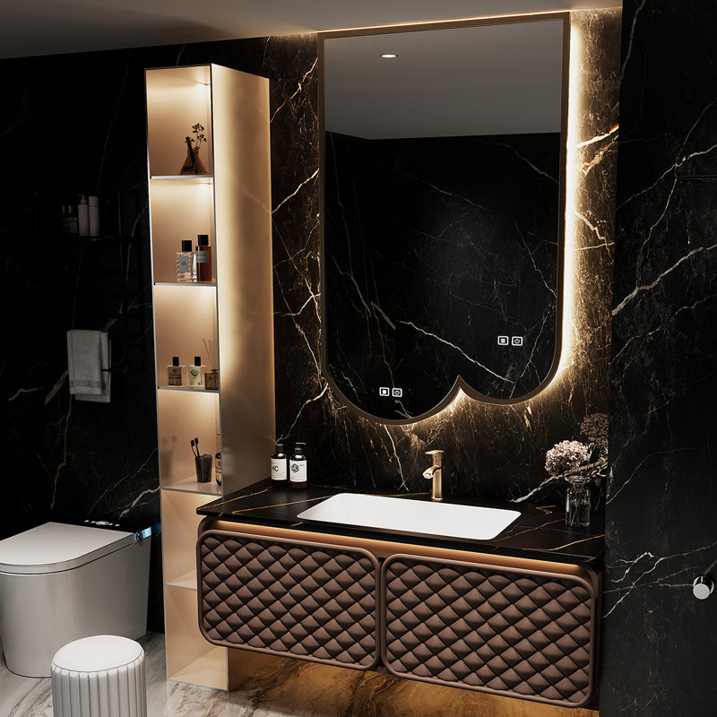 Meuble-lavabo de salle de bain mural couleur bois d'hévéa 35,43 po avec miroir intelligent, Café, 35"