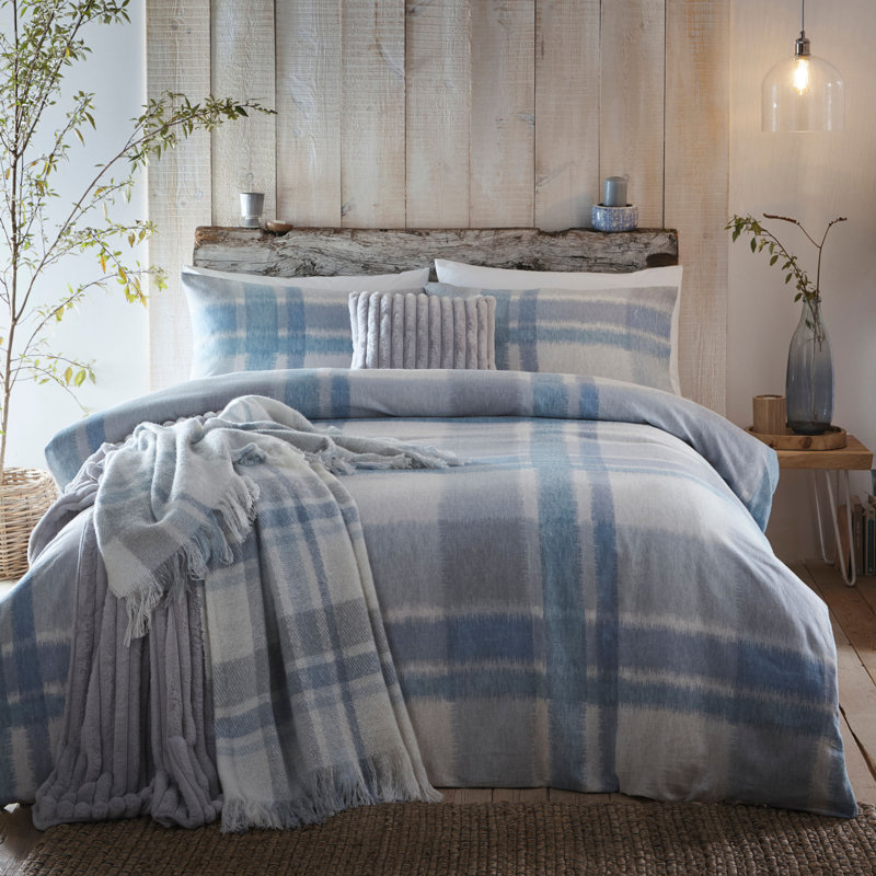 Verbier Cotton Chequered Duvet Cover Set with Pillowcases, King Duvet Cover + 2 Standard Pillowcases, Blue