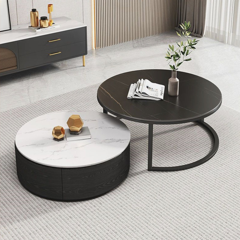 Round rock slab coffee table combination, Black/White