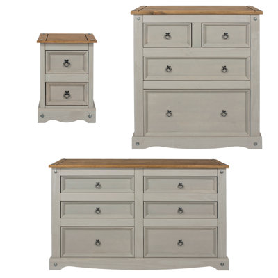 Solid Wood 3 Piece Bedroom Set, Grey Waxed