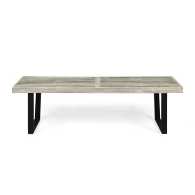 Outdoor Bench With Slatted Wood, Black Iron Legs, 62.85" Long, Contemporary And Comfortable Sleek Wood Bench, Gray Wash Finish