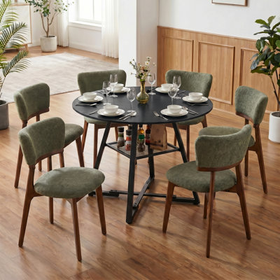 Table de salle à manger industrielle ronde noire de 42 po et chaise de salle à manger rembourrée en bois massif de 6 pièces vert