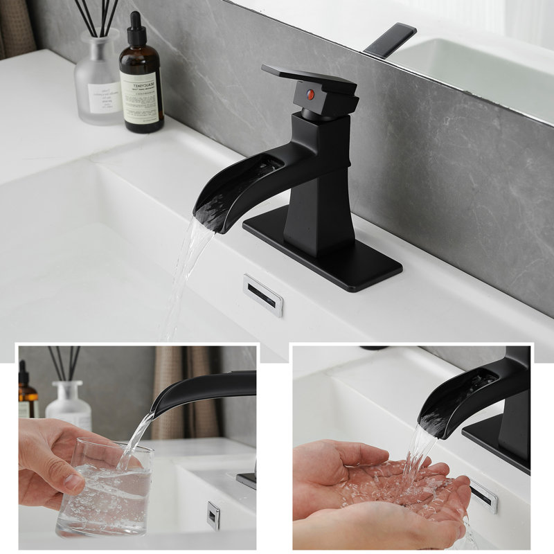 Modern Bathroom Basin Tap - Black Waterfall With Supply Lines, Pop Up Drain, Deck Mounted, One Handle, Matte Finish, Side Hole Sink Faucet Finish