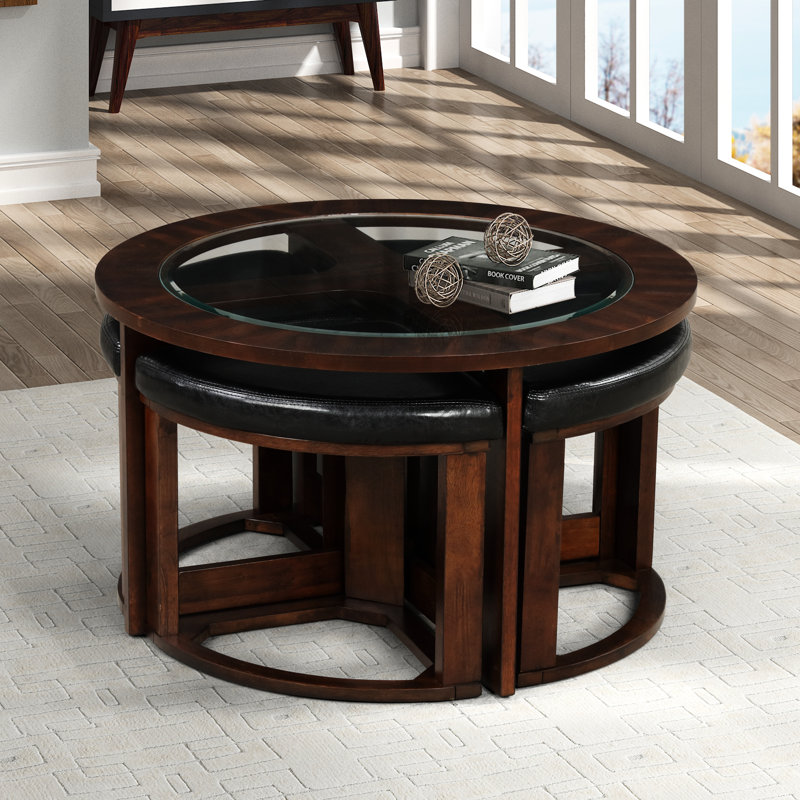 Table contemporaine en bois massif avec plateau en verre massif et 4 tabourets