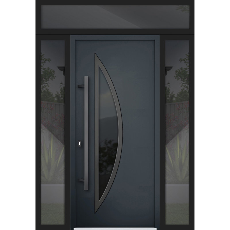 Porte d'entrée extérieure prémontée en acier Deux 6501 Anthracite, 2 fenêtres latérales et supérieures, inserts en acier inoxydable, style moderne, peinte - L 12+36+12 x H 80+16 - Ouverture droite vers l'intérieur