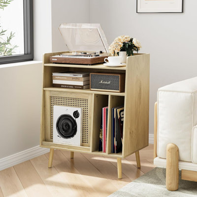 Support de rangement pour disque vinyle avec porte d'armoire en rotin, support pour tourne-disque pouvant contenir jusqu'à 200 albums, tablette en bois multifonctionnelle pour le salon, la chambre à coucher ou le bureau