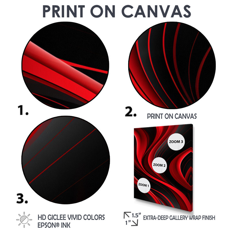 «Happy Streams Minimal Red Black - Abstract Modern Waves», art mural salon, H 44 po x l 34 po x P 1,5 po, Toile tendue