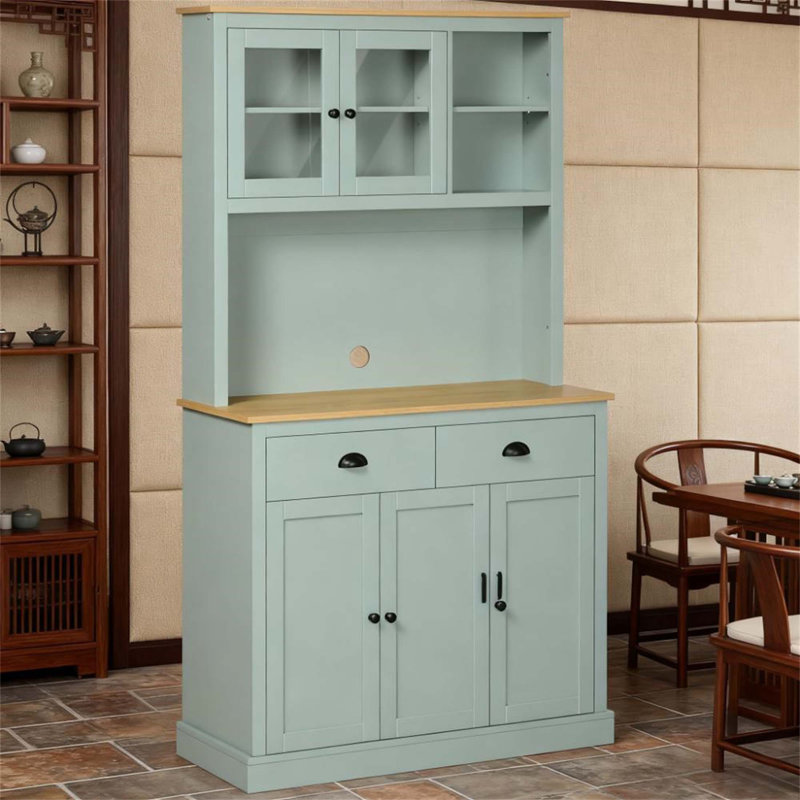 Light Pantry Storage Cabinet Freestanding Kitchen Buffet With Hutch, Drawers, Glass Doors, And Adjustable Shelves