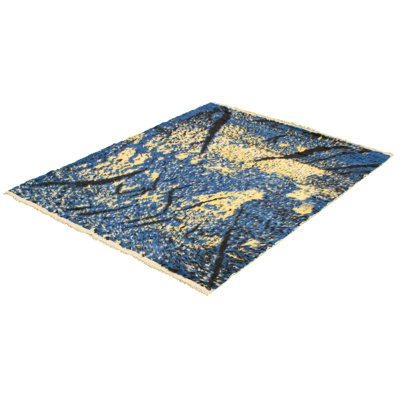 Tapis unique en laine noué à la main bleu foncé de 5 pi 9 po x 7 pi 10 po Pako Lahore des années 2010 Fiqirije