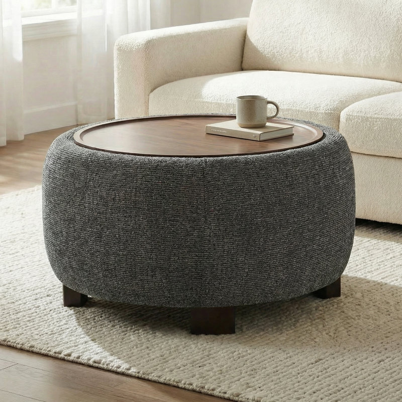 Upholstered Round Storage Ottoman with Wooden Tray, Black