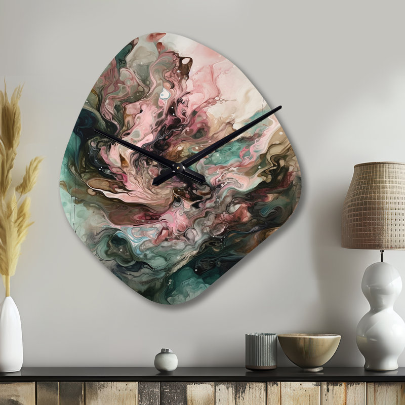 Rose et vert Inner Worlds of Marble III - horloge asymétrique en métal, forme unique, Grand