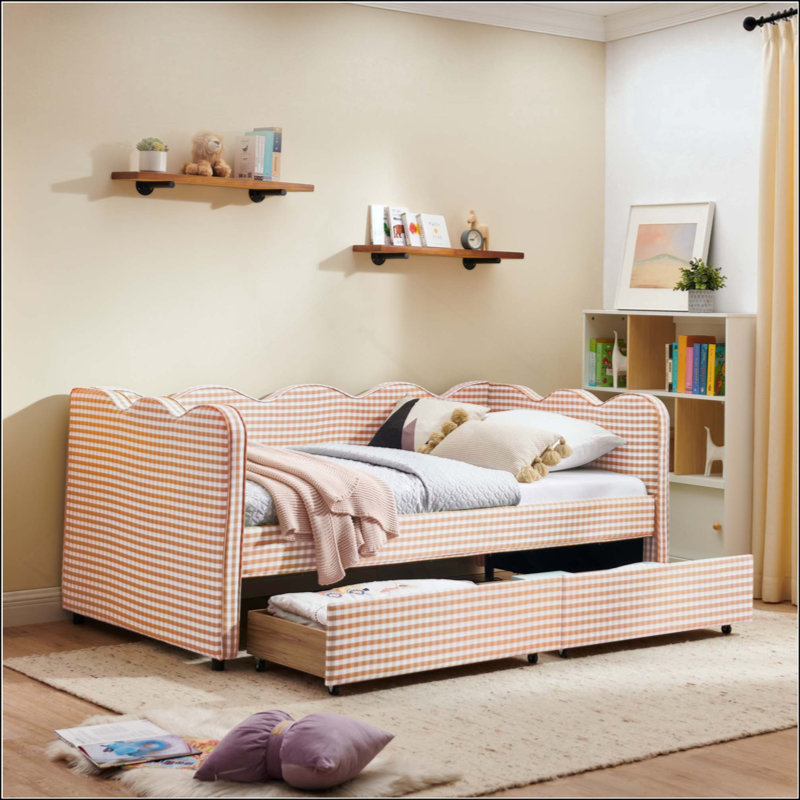 Lit de jour confortable en vichy avec deux tiroirs de rangement, avec port USB et adorable tissu en forme de vague, Rose