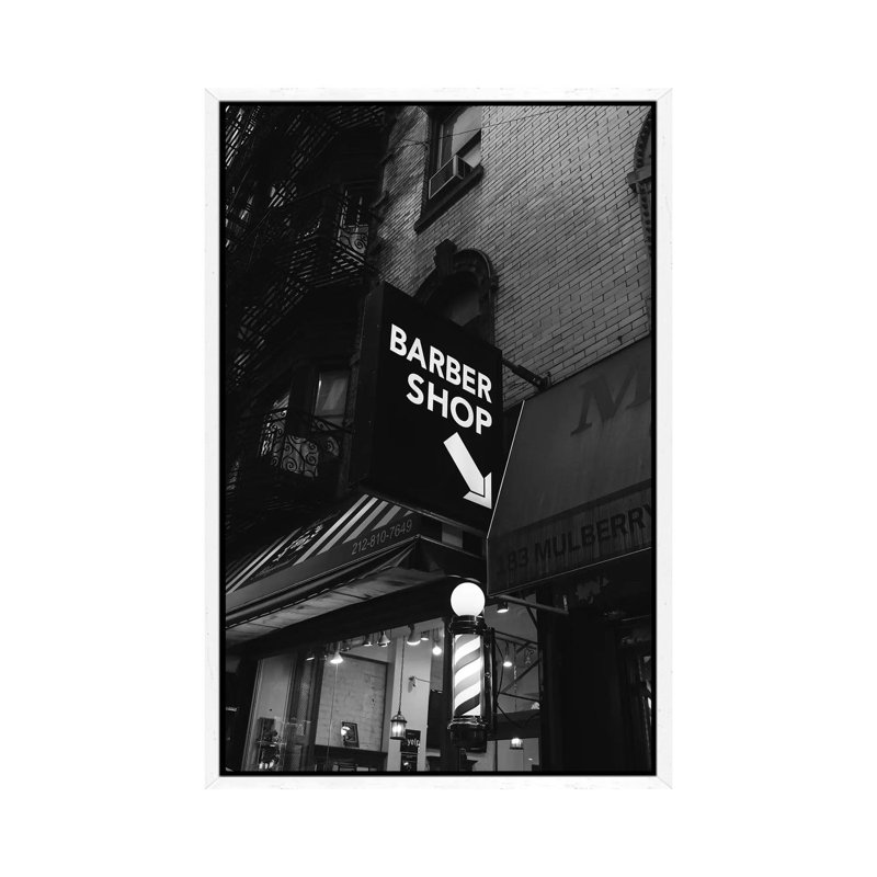 Manhattan Barber Shop by Bethany Young - Print on Canvas, White Framed, 101.6cm H x 66.04cm W x 3.81cm D
