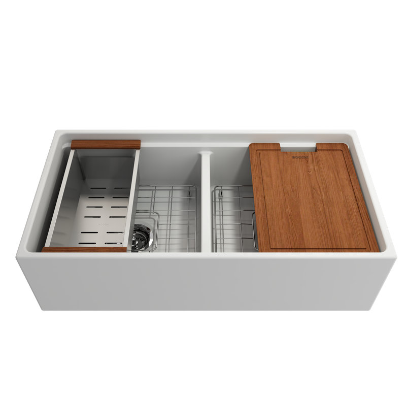 Contempo 36'' L Double Bowl Fireclay Kitchen Sink, Matte White