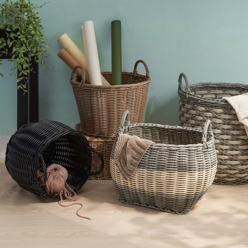Oval Resin Woven Wicker Multi-Use Storage Basket with Handles