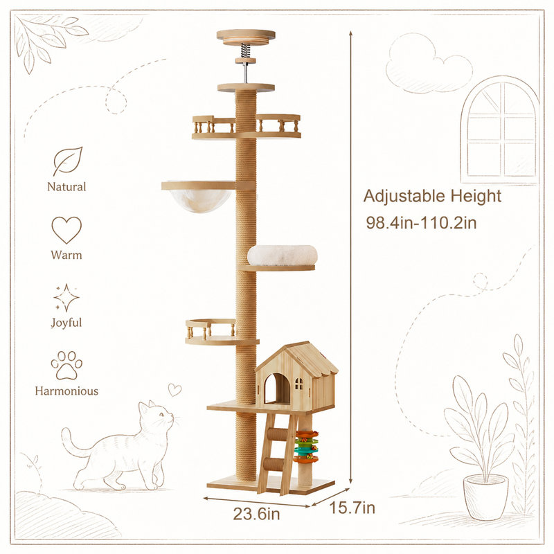 Arbre à chat du sol au plafond, hauteur réglable (98-110 pouces), grand lit niche et hamac pour le divertissement félin