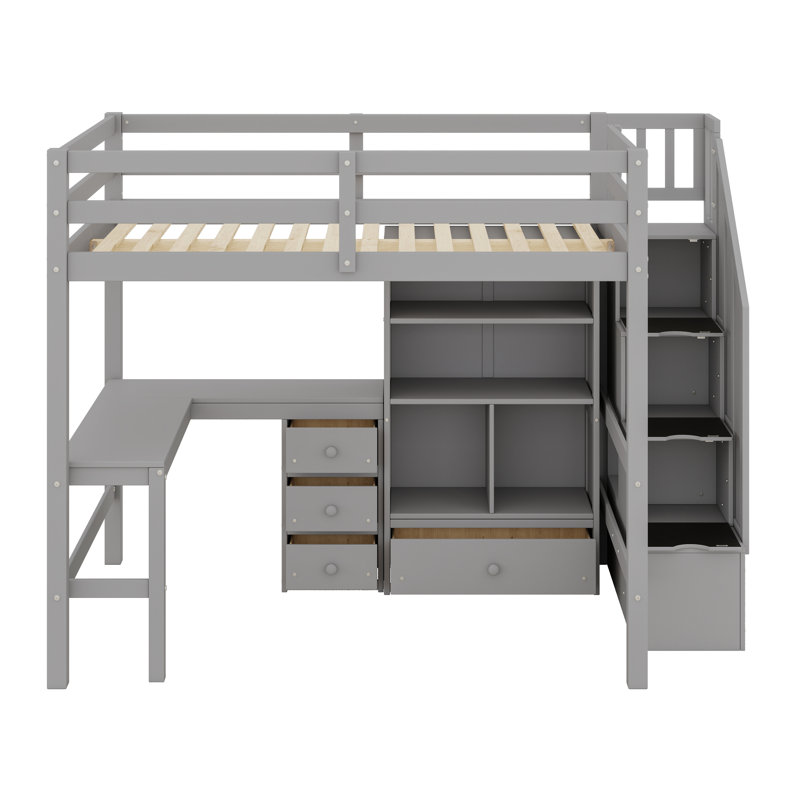Multiple Functions Wood Loft Bed With L-Shaped Desk，Drawers, Cabinet And Storage Staircase, Gray
