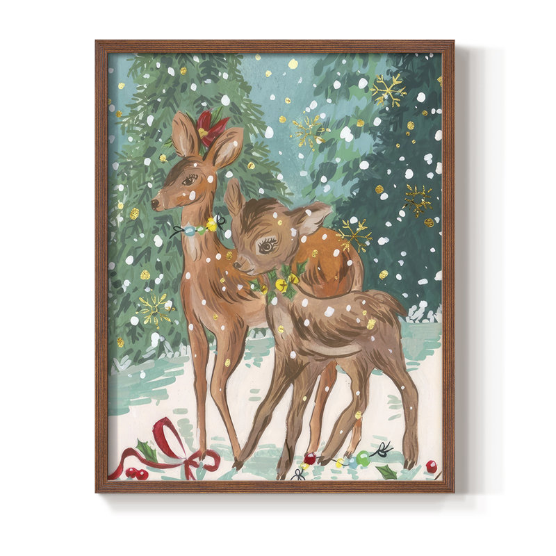 «Doe and Fawn I», reproduction encadrée - bois massif, Noyer, H 11 po x l 9 po
