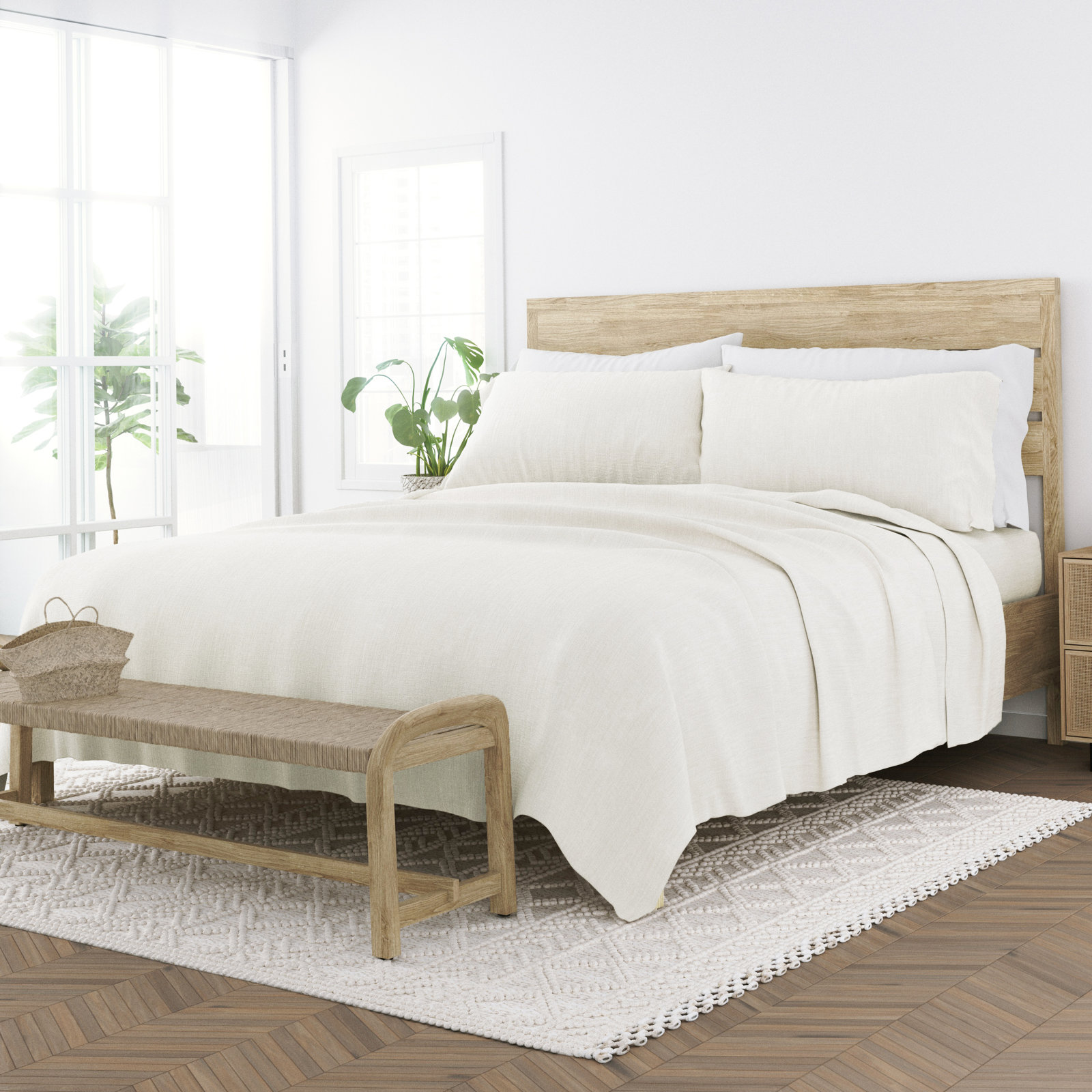Linen Bamboo-Blend Breathable Luxury Bed Sheet Set, Linen, King Sheet Set + Fitted Sheet + 2 Pillowcases