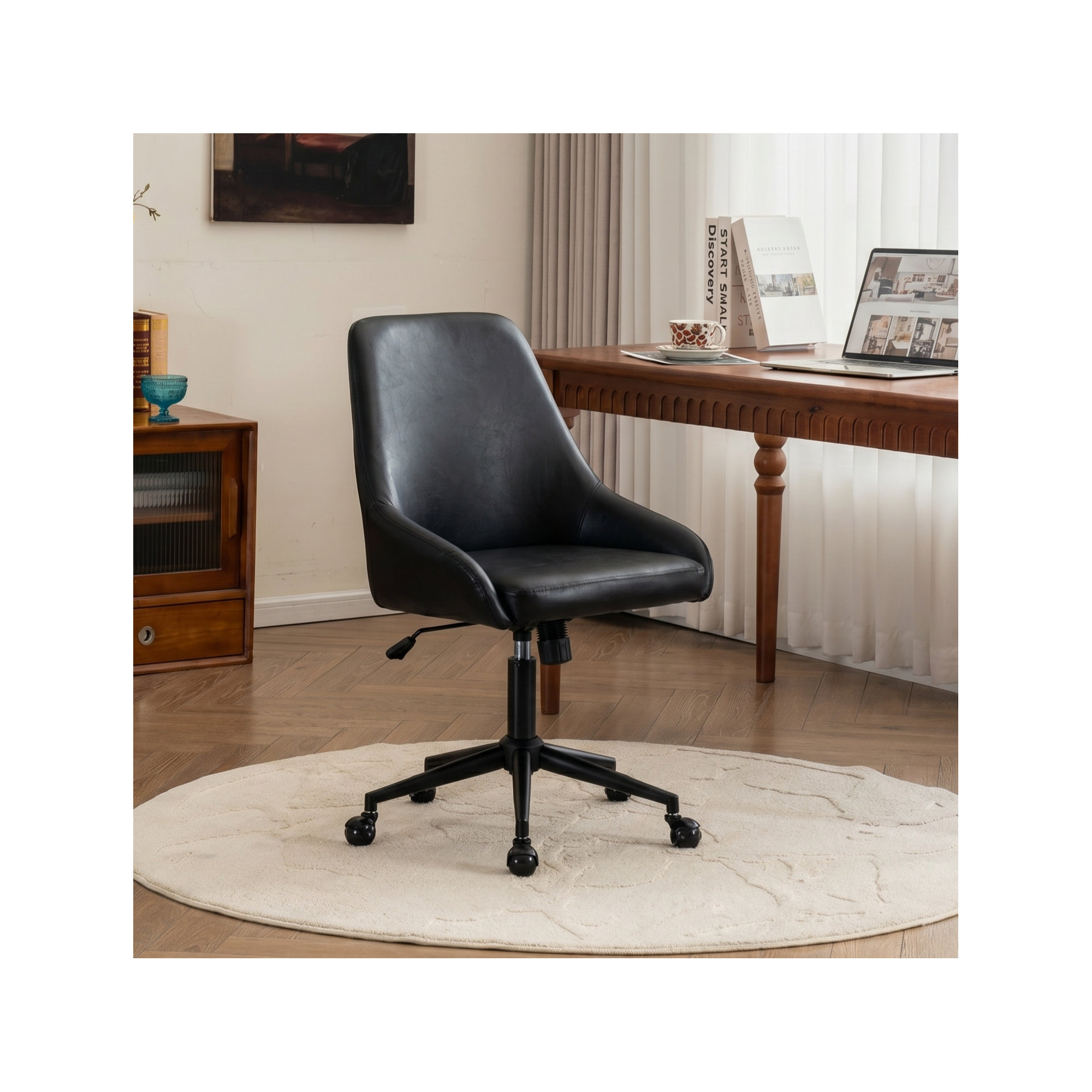 Vanora Swivel Office Chair, Black Faux Leather