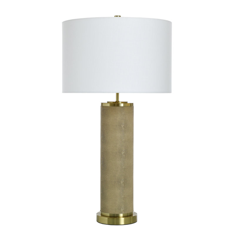 Tan Shagreen Pattern Table Lamp with Brass Accents and Off-White Shade