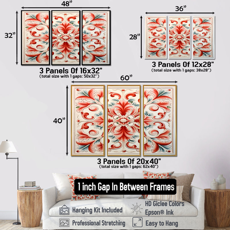 Carreaux de mosaïque florale ornementale II - ensemble d'art mural abstrait, Encadrement argenté, H 28 po x l 36 po x P 1 po