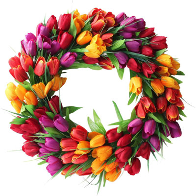 Couronne de tulipe d'aiguille, couronne de fleurs artificielles faites à la main pour le printemps 2022, couronne de guirlande de printemps ronde pour décoration murale de mariage