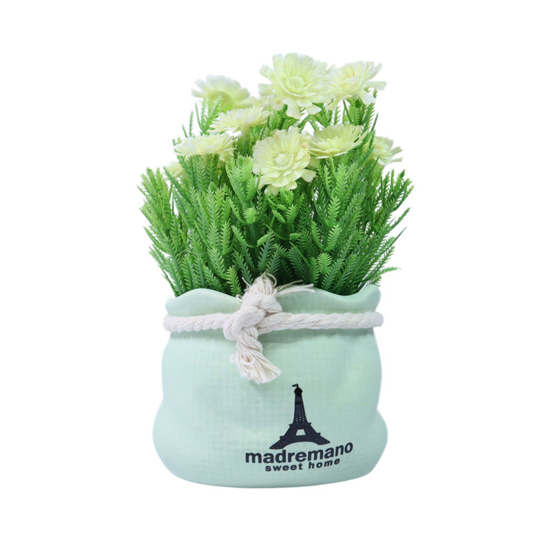 Small Flower Vase with Faux Flowers, Green 6 inch 15 cm