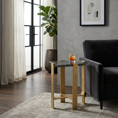 Modern Accent Side Table with Glass Top for Living Room Decor - Slim Narrow End Table with Metall Frame for Room Styling - Gold & Metallic