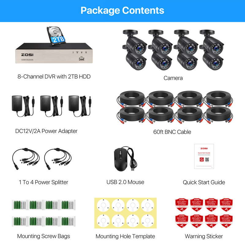 8CH DVR Security Camera System with 2TB HDD, 8 X 1080P Wired Bullet Outdoor Cameras, Motion Sensor