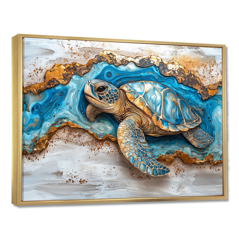 Conin Turtle On Beach Landscape Collage - Tortue, art mural, Impression encadrée flottante sans passe-partout, Doré