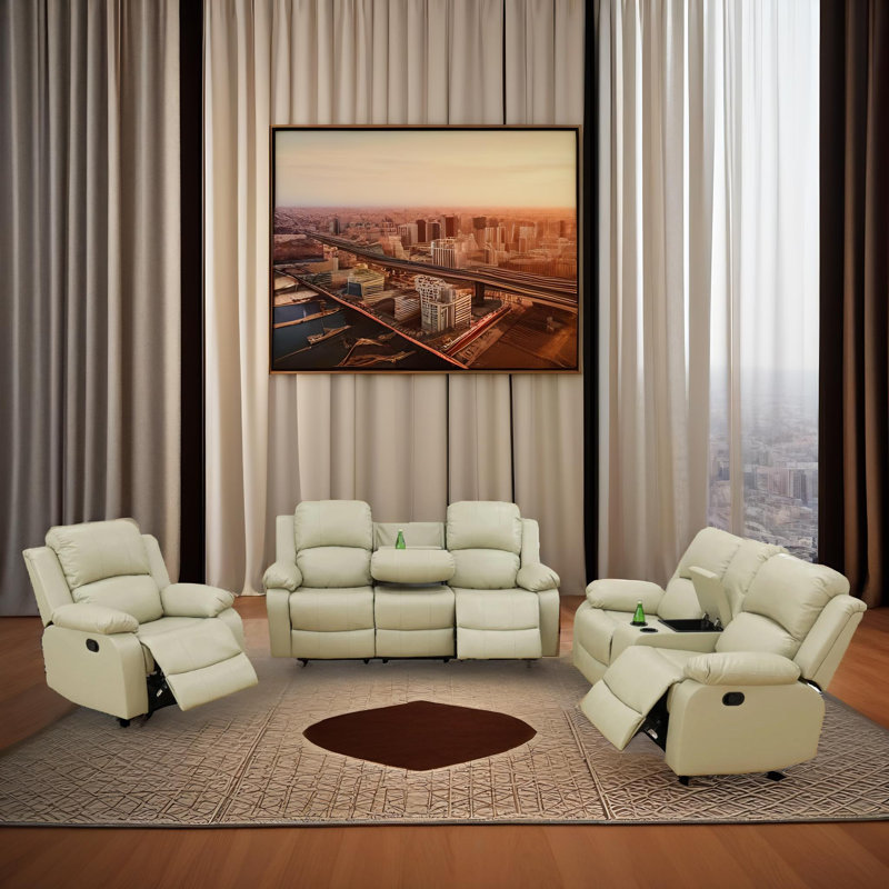 Ensemble de salon inclinable 3 pièces en cuir végétalien manuel, Similicuir beige