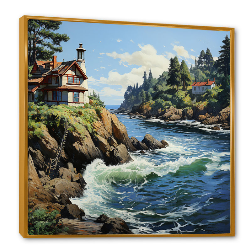 Art mural sur toile Cliffside Cottage By The Lake, Cadre flottant doré, H 30 po x l 30 po