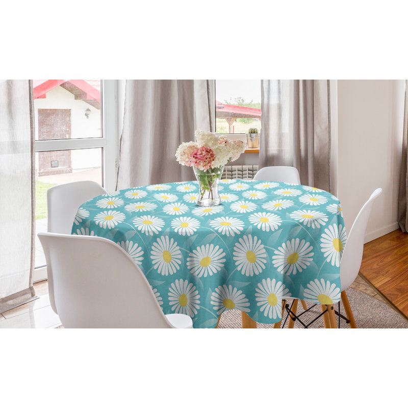 Ambesonne Daisy Round Tablecloth, Repetitive Spring Season Themed Pattern Of Scattered Flourishing Flowers, Circle Table Cloth Cover For Dining Room Kitchen Decoration, 60", Pale Blue And Mustard