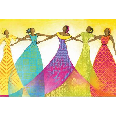Five Women Arm in Arm Bright Colors 3 1 Piece Wrapped Canvas Painting