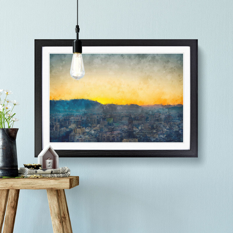 Sunset over Malaga in Spain - Picture Frame Painting Print, 62cm H x 87cm W x 2cm D, Black Framed