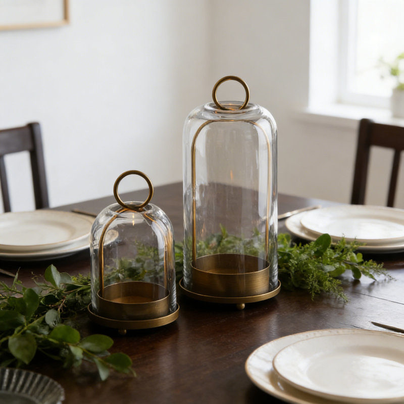 Brass Metal Candle Holder With Glass Dome For Pillar Candles Or Plants, Two Sizes, Industrial Farmhouse Style, Gold