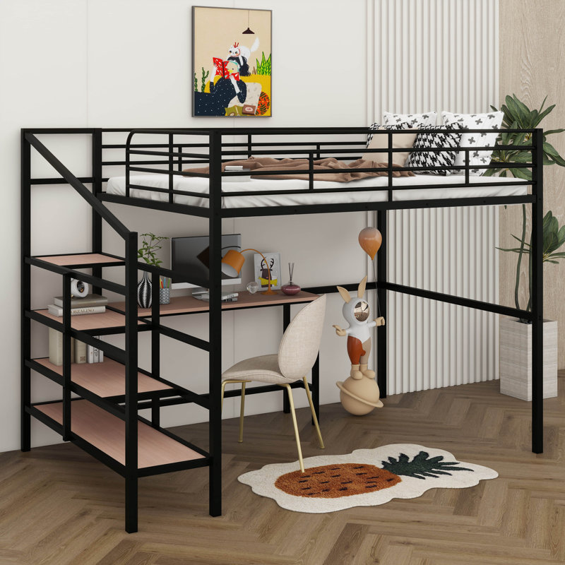 Lit mezzanine double en métal avec bureau intégré et échelle latérale, Noir