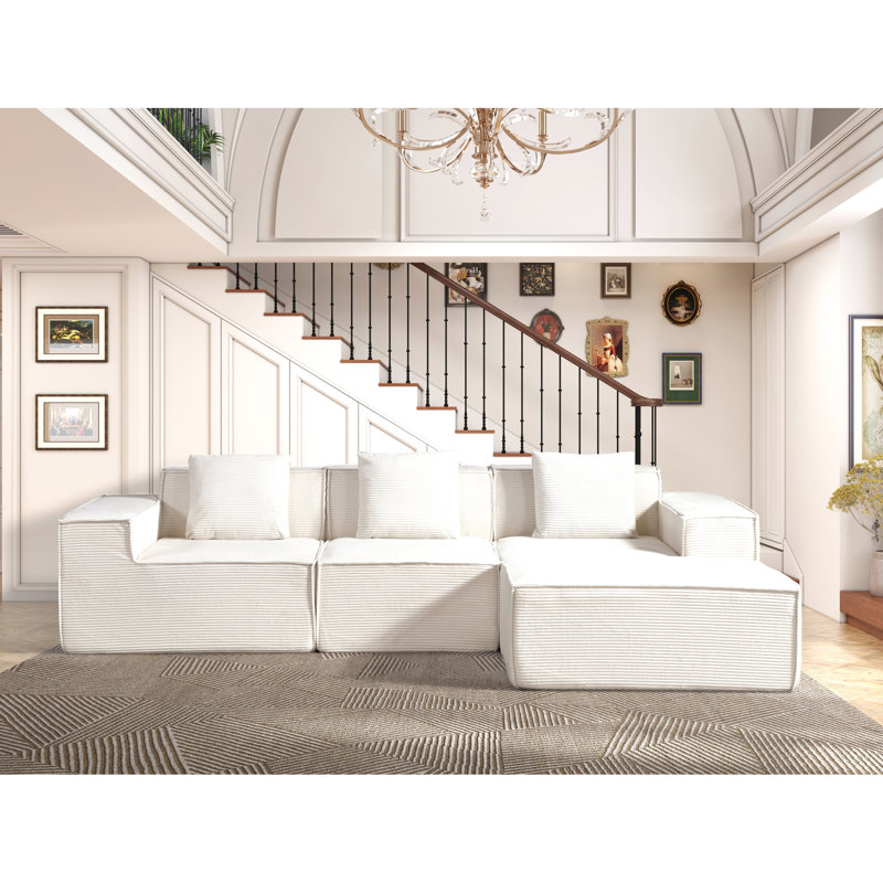 Canapé d'angle en velours côtelé jaune gingembre avec 3 coussins, montage facile, assise confortable comme un nuage, multifonctionnel et modulable, assemblage rapide, agencement spacieux.