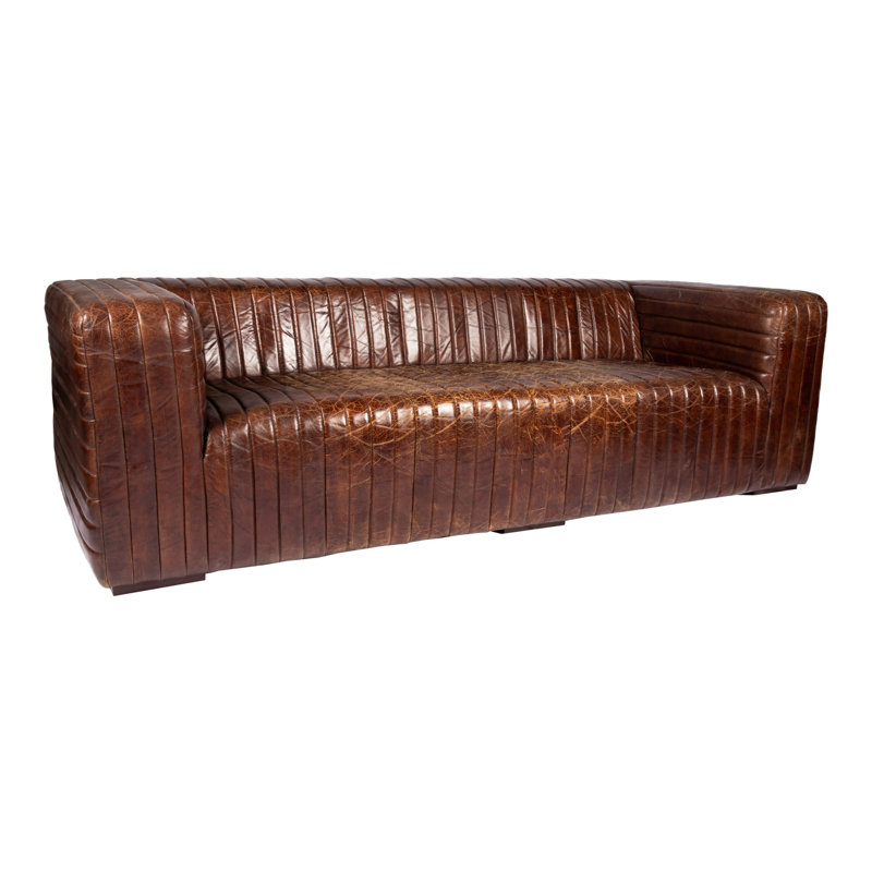 Jeanette 95" Genuine Leather Square Arm Chesterfield Sofa, Brown Genuine Leather